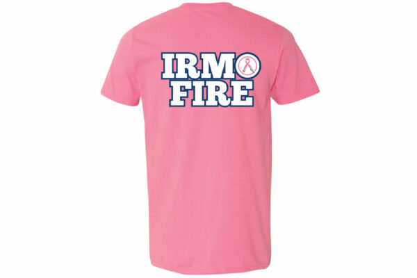 Pink "Fired Up For A Cure" T-Shirt backside that reads "Irmo Fire."